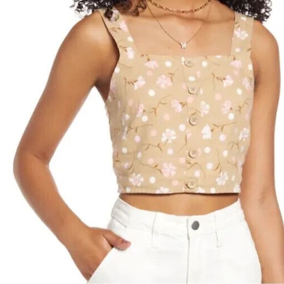 BP Button Front Linen Blend Tank in Beige Oink Sophie Floral NWT - Picture 1 of 5